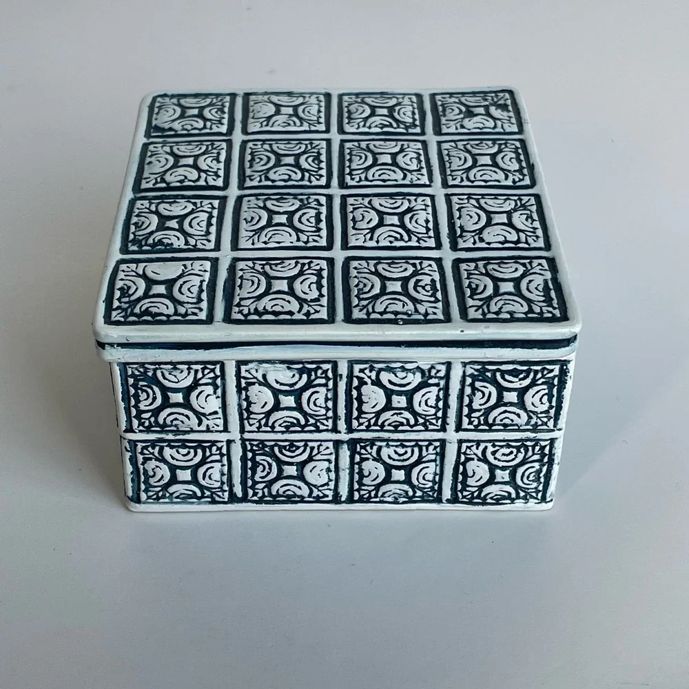 Danzine Jewelry Trinket Box Cobalt White Embossed Moroccan Design Hand Painted